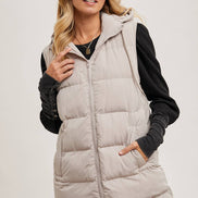 BLUIVY HOODED ZIPPER DOWN LONGLINE PUFFER VEST