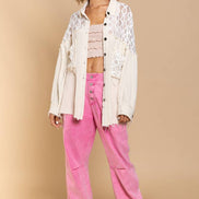 POL Oversize contrast open knit panel detail button down shirt