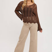 OPEN KNIT V-NECK PULLOVER - Scalloped Hem