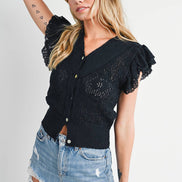 BLUIVY CROCHET BUTTON DOWN RUFFLED SLEEVE TOP
