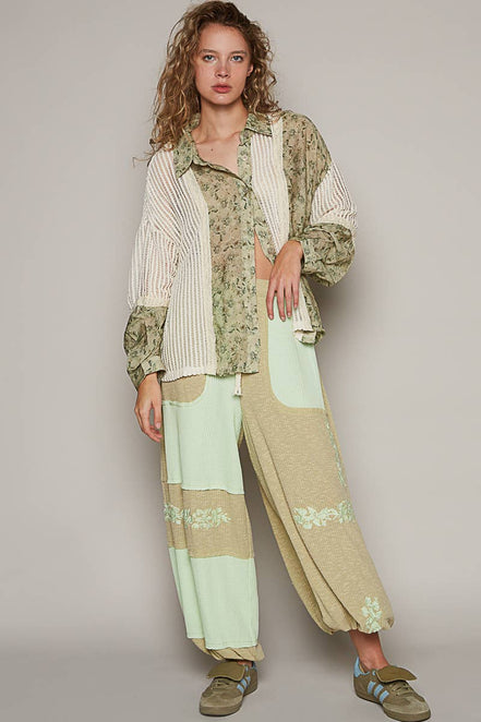 POL Oversize long sleeve floral print crochet button down shirt
