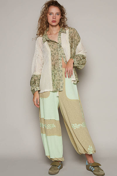 POL Oversize long sleeve floral print crochet button down shirt