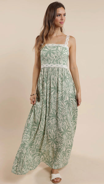 SAGE THE LABEL PALM WHISPERS TIE BACK MAXI DRESS W LACE STRAPS