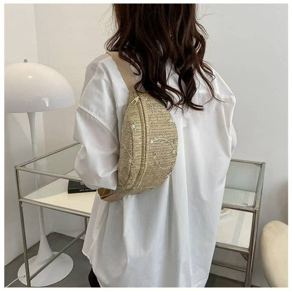 JOSSLYN RAFFIA STRAW WAIST FANNY PACK CROSSBODY BELT BAG