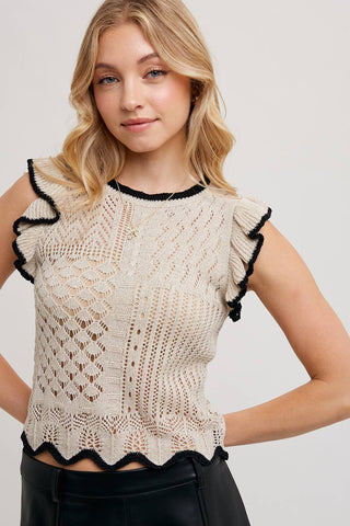 BLUIVY EYELET CONTRAST KNIT RUFFLED SCALLOPED TOP