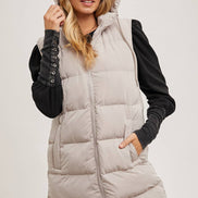 BLUIVY HOODED ZIPPER DOWN LONGLINE PUFFER VEST