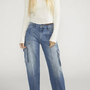 SILVER DENIM CARGO HIGH RISE TAPERED