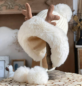 JCH4008 Fleece-Lined Faux-Fur Hat with Antlers, and Pom-Pom