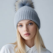 Sequin Knit Beanie with Detachable Faux Fur Pom-Pom