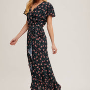 FLORAL PRINT RUFFLED HEM WRAP MAXI DRESS
