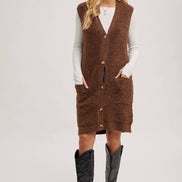 BLUIVY BUTTON DOWN V-NECK TEDDY KNIT LONG LINED VEST