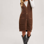 BLUIVY BUTTON DOWN V-NECK TEDDY KNIT LONG LINED VEST