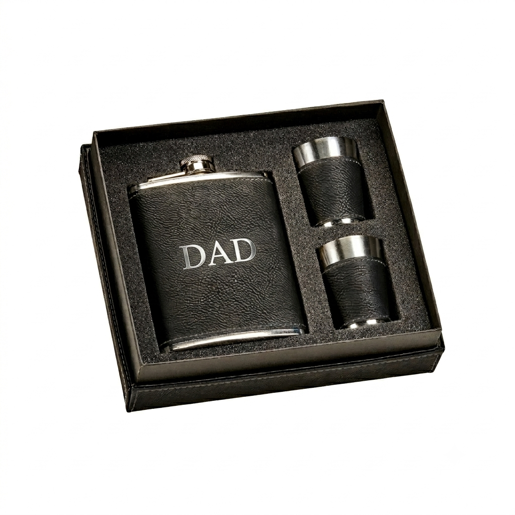 CREATIVE GIFTS Black Leatherette Flask & Stainless Steel Shot Glass Set