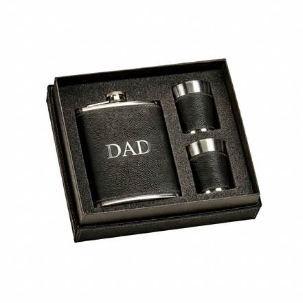 CREATIVE GIFTS Black Leatherette Flask & Stainless Steel Shot Glass Set