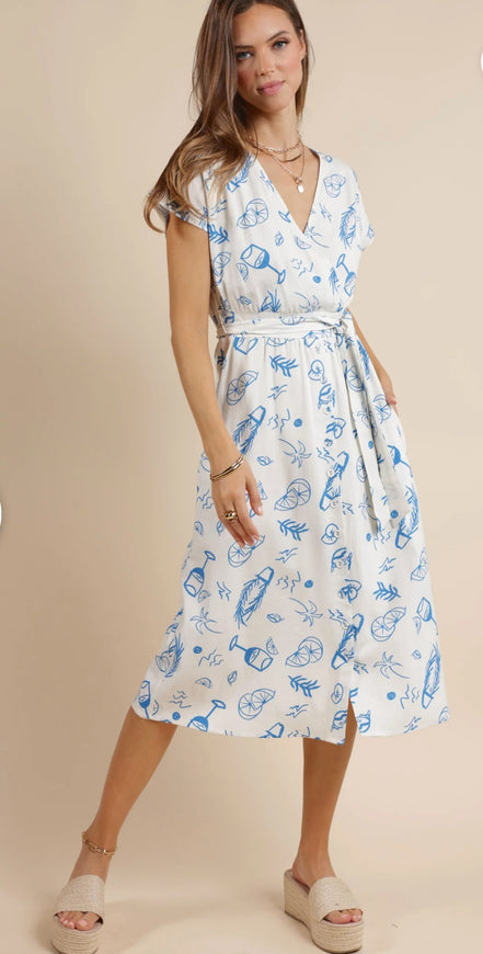 SAGE THE LABEL CITRUS SPLASH SURPLICE BELTED
MIDI DRESS