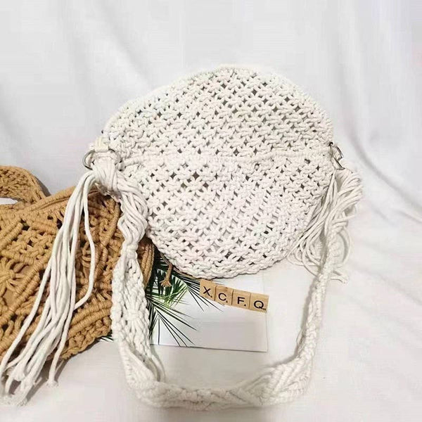 Vintage Cotton Straw Crochet Knitted Crossbody Purse Bag