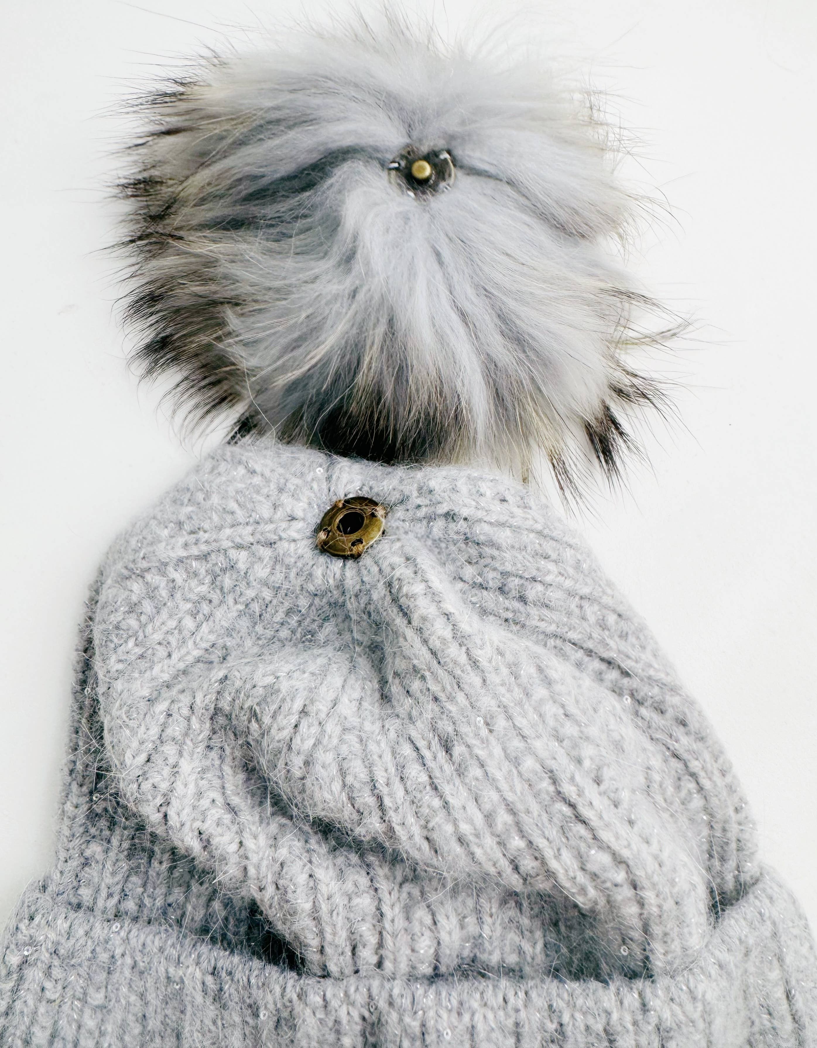 Sequin Knit Beanie with Detachable Faux Fur Pom-Pom