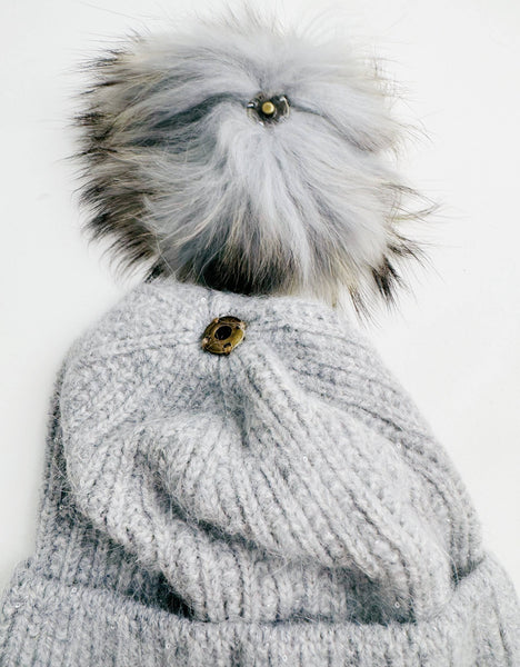 Sequin Knit Beanie with Detachable Faux Fur Pom-Pom