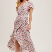 FLORAL PRINT RUFFLED HEM WRAP MAXI DRESS