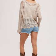OPEN KNIT V-NECK PULLOVER - Scalloped Hem