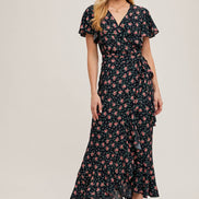 FLORAL PRINT RUFFLED HEM WRAP MAXI DRESS