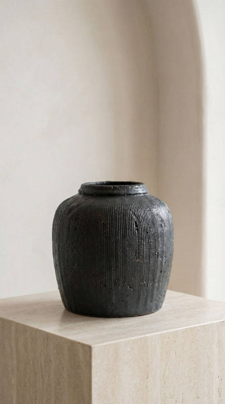 Terracotta Vase, Ribbed Charcoal Finish - Mirella