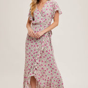 FLORAL PRINT RUFFLED HEM WRAP MAXI DRESS