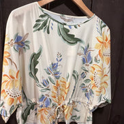 LEZ A LEZ SLEEVELESS FLORAL BLOUSE WITH FRONT TIE