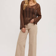 OPEN KNIT V-NECK PULLOVER - Scalloped Hem
