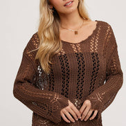 OPEN KNIT V-NECK PULLOVER - Scalloped Hem