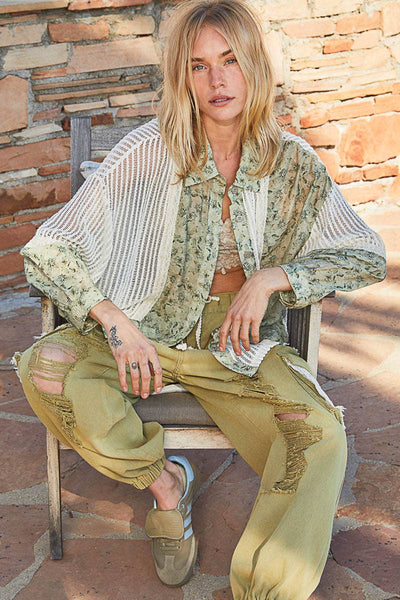 POL Oversize long sleeve floral print crochet button down shirt