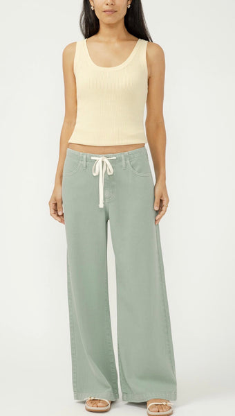 DAZE Wide Leg Drawstring Beach Jeans-Sage Green