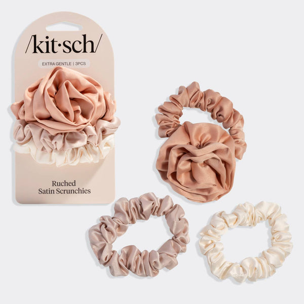 KITSCH Rosette Ruched Satin Scrunchies 3pc Set - Terracotta