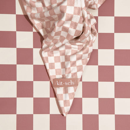 KITSCH Extra Large Quick-Dry Hair Towel Wrap- Terracotta Checker