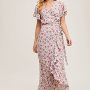 FLORAL PRINT RUFFLED HEM WRAP MAXI DRESS