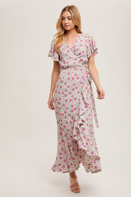 FLORAL PRINT RUFFLED HEM WRAP MAXI DRESS