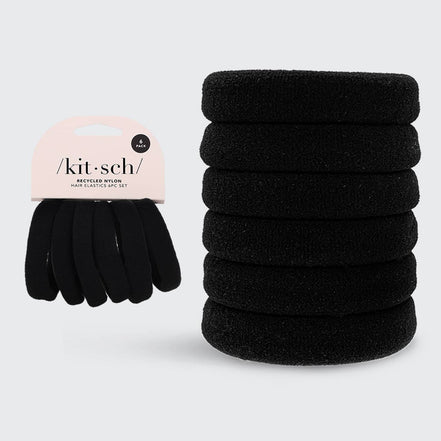KITSCH Recycled Nylon Thick Hair Elastics 6pc Set- Black