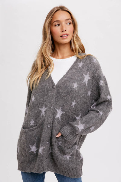 BLUIVY STAR PATTERN BUTTON FRONT CARDIGAN - Dropped Shoulder Design