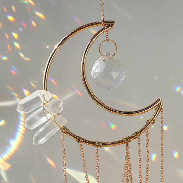 Crystolver Clear Quartz Moon Suncatcher Crystal Prism Hanging