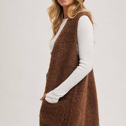 BLUIVY BUTTON DOWN V-NECK TEDDY KNIT LONG LINED VEST