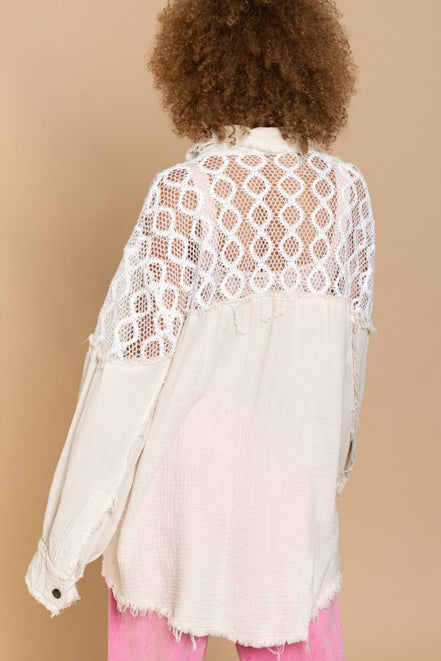 POL Oversize contrast open knit panel detail button down shirt