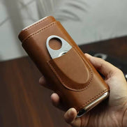 Genuine Leather Cigar Case, Wood Lined Humidor with Cutter