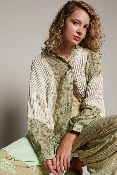 POL Oversize long sleeve floral print crochet button down shirt