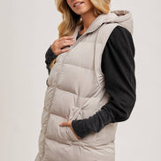 BLUIVY HOODED ZIPPER DOWN LONGLINE PUFFER VEST