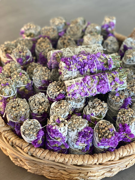 White Sage Smudge Sticks with Purple Flowers in Bulk