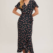 FLORAL PRINT RUFFLED HEM WRAP MAXI DRESS