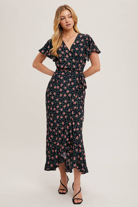 FLORAL PRINT RUFFLED HEM WRAP MAXI DRESS