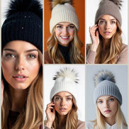 Sequin Knit Beanie with Detachable Faux Fur Pom-Pom