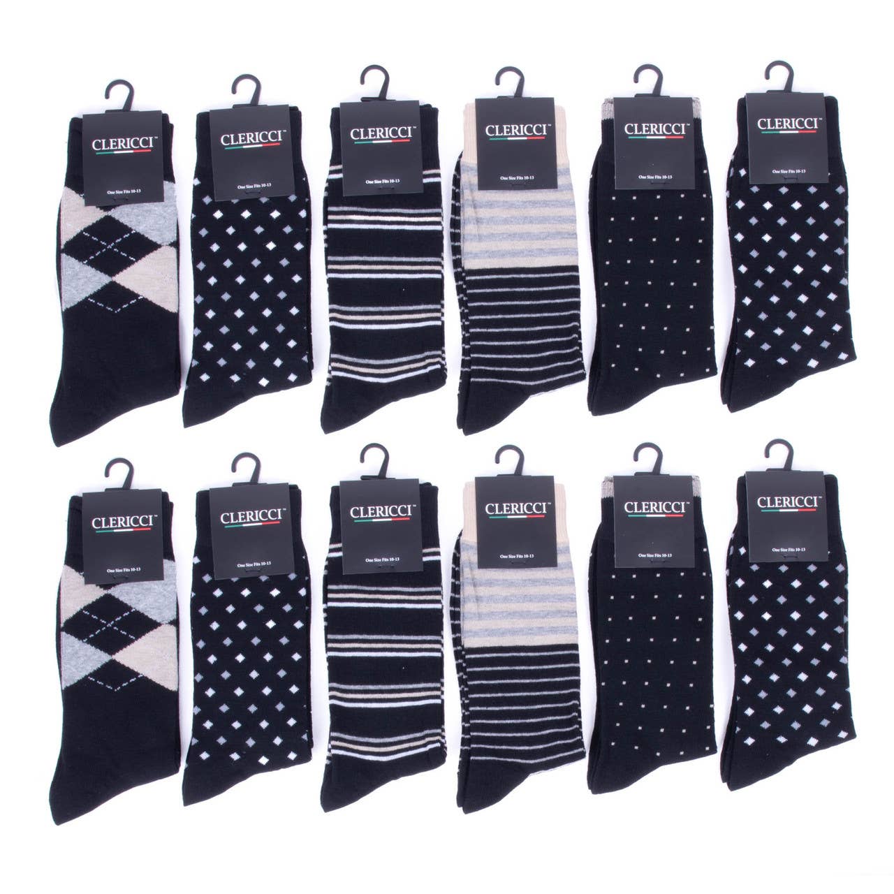 Men 12 Pk Assorted Black Fancy Pattern Poly Socks-DSP12C-BK