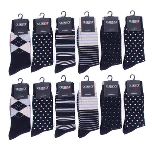 Men 12 Pk Assorted Black Fancy Pattern Poly Socks-DSP12C-BK